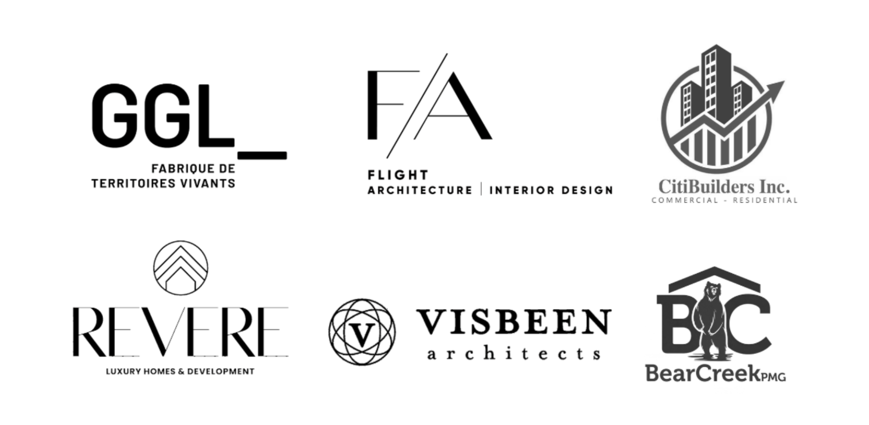 Client logos: GGL Fabrique de territoires vivants, Flight Architecture | Interior Design, CitiBuilders Inc., Revere Luxury Homes & Development, Visbeen Architects, BearCreek PMG
