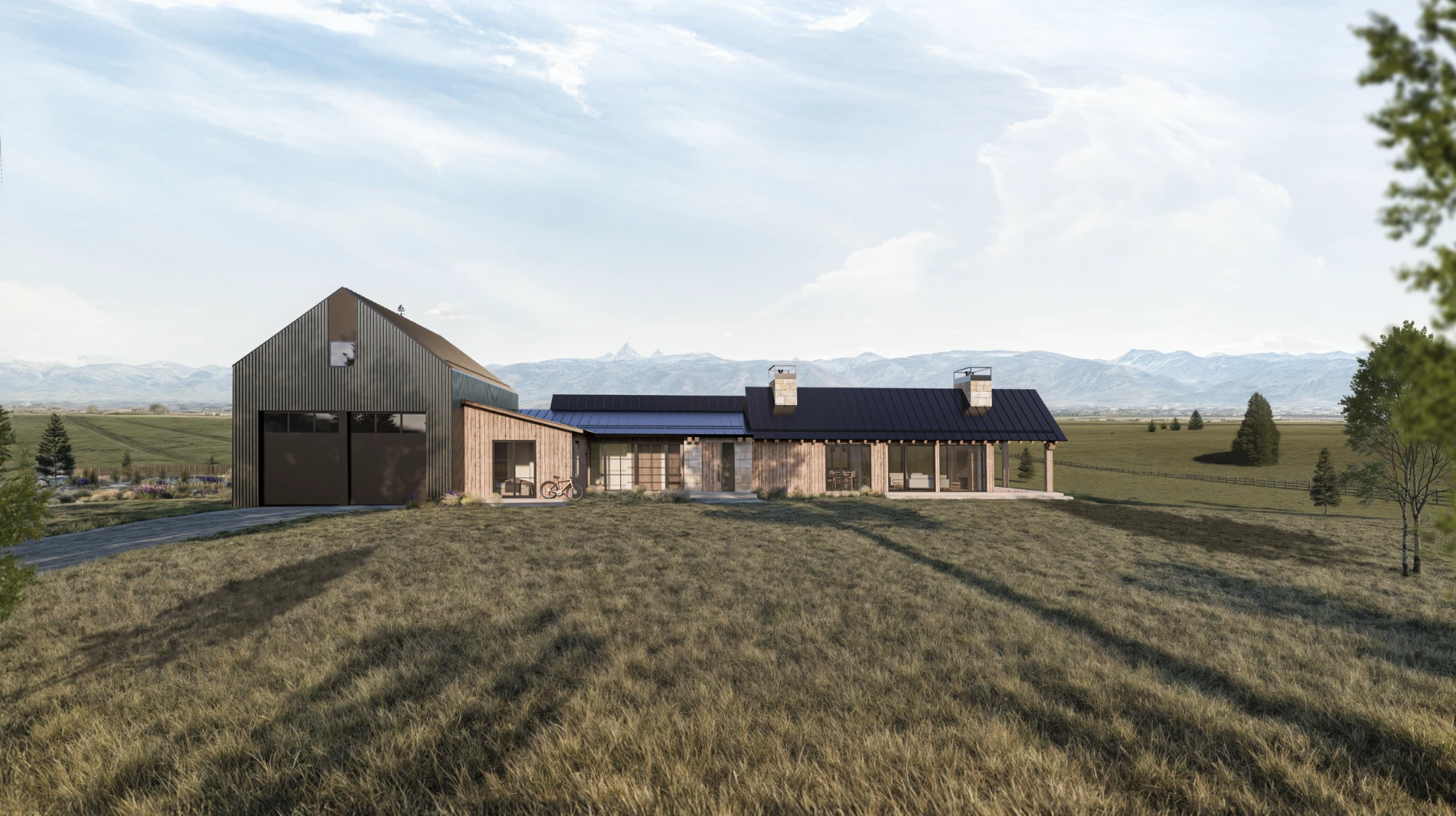 Exterior render of a modern farmhouse with a dark metal barn and timber wings in a meadow below mountains