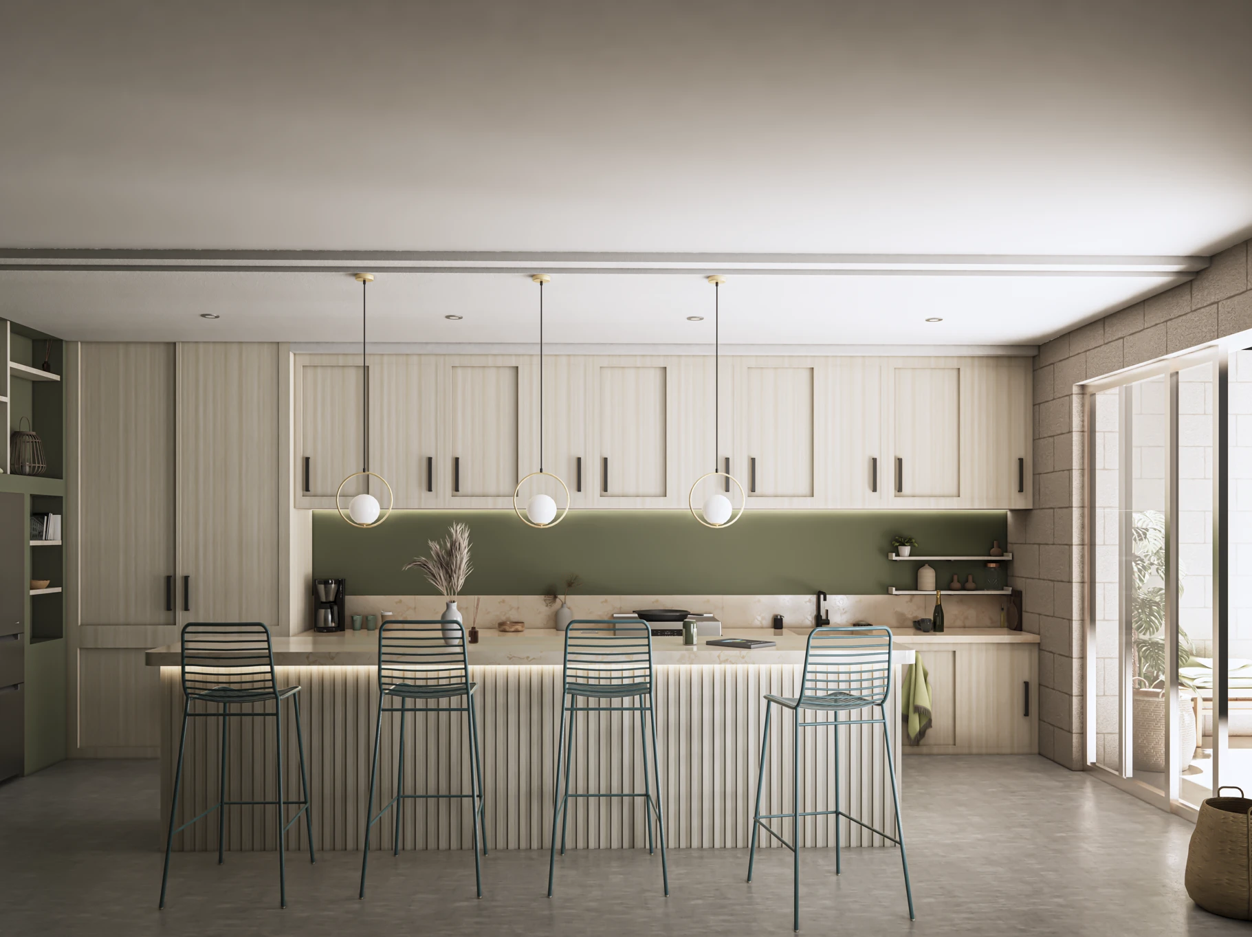 Interior render of a kitchen with fluted island, globe pendants and a green backsplash