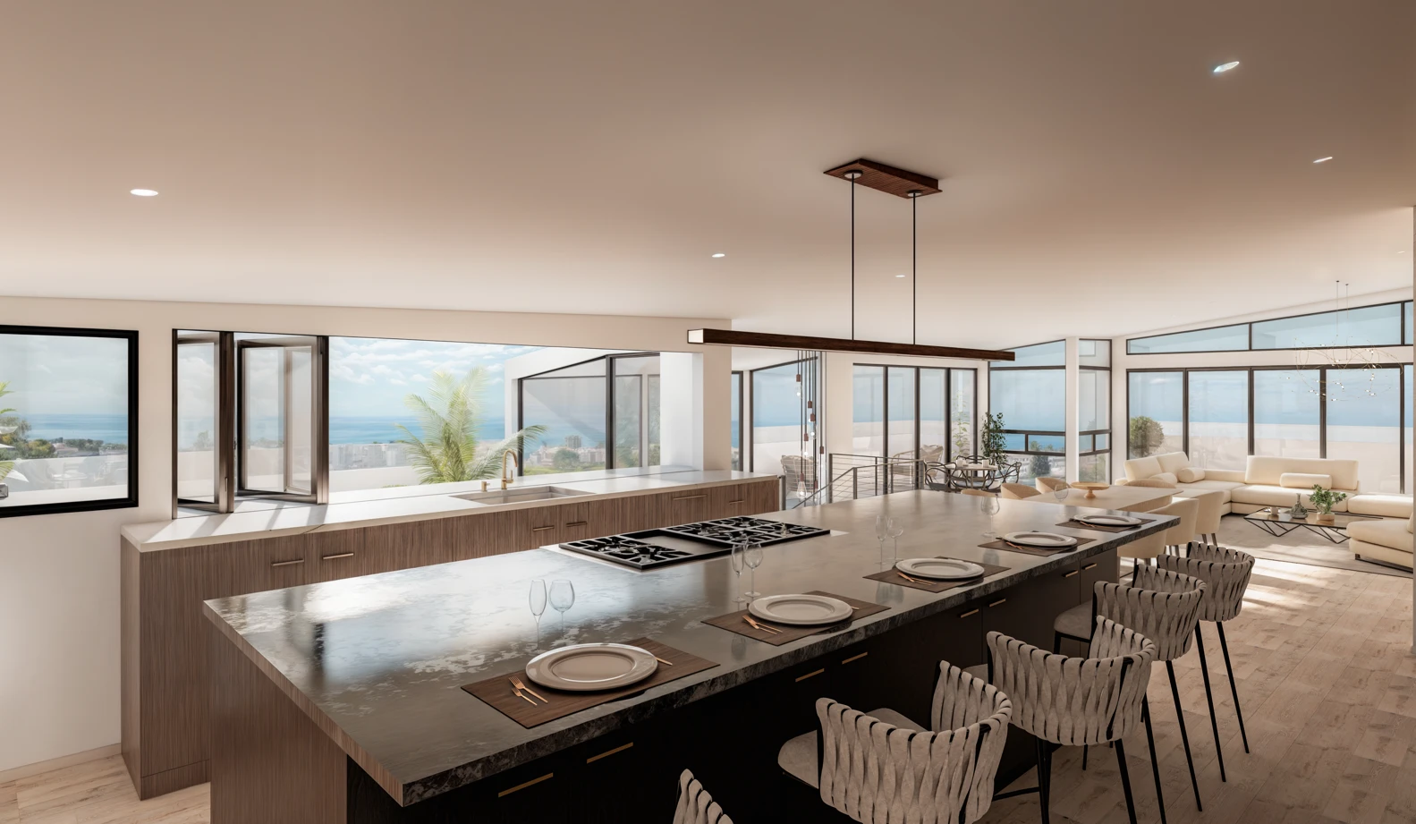 Interior render of an open kitchen with a stone island and ocean views