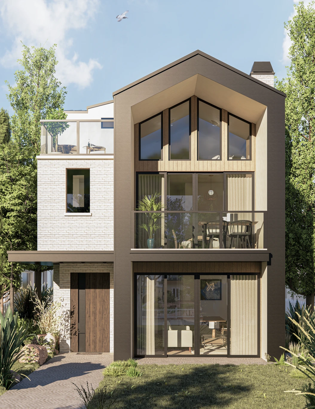 Exterior render of a three-storey gabled townhouse with brick and dark cladding